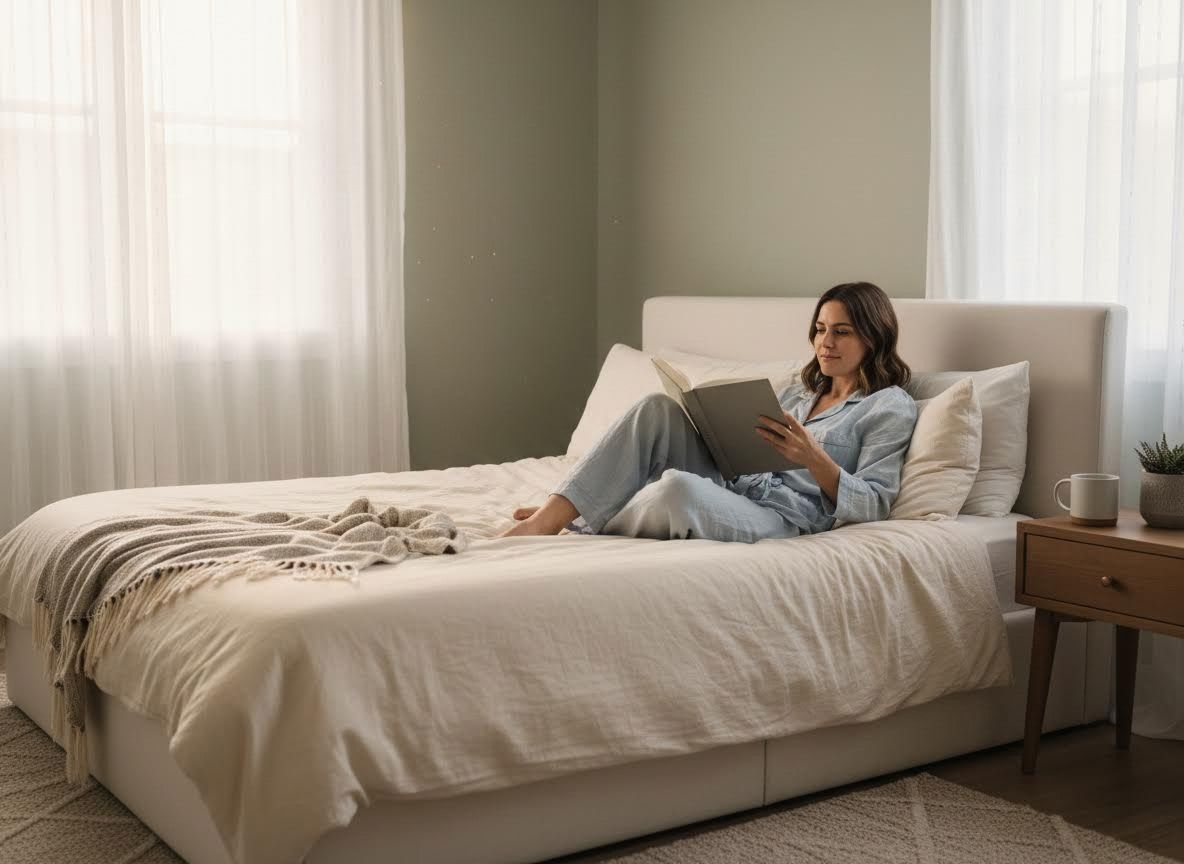 Woman reading a book in a cozy bed