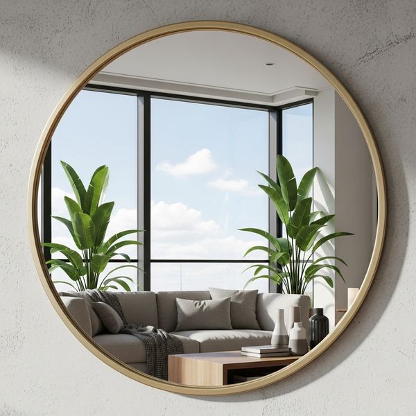 Large circular mirror with metallic frame reflecting natural light in a living space.
