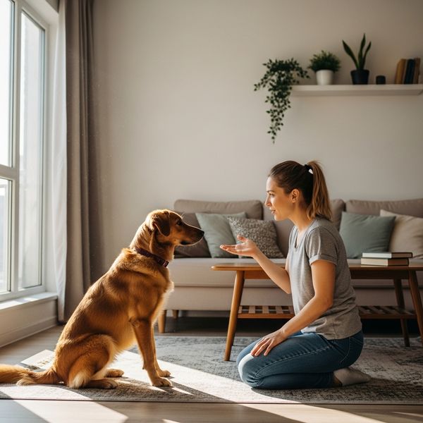 owner teaching a dog to sit in an apartment