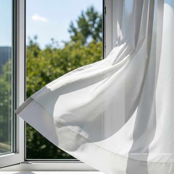 Sheer curtain blowing by an open window