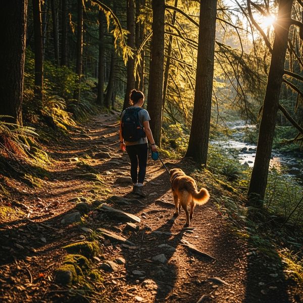 person walking a dog on a leash on a trail