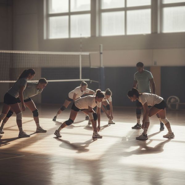 A group of volleyball players, guided by a coach, stretch and warm up on an indoor court. A group of volleyball players, guided by a coach, stretch and warm up on an indoor court.