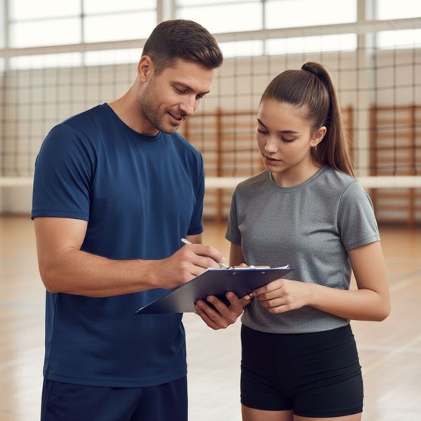 A coach and a female player discuss progress while looking at a clipboard on an indoor court. A coach and a female player discuss progress while looking at a clipboard on an indoor court.