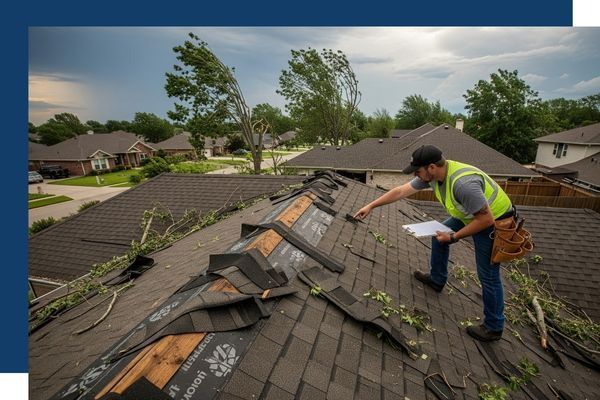 roofer stands on roof with broken branches and loose shingles