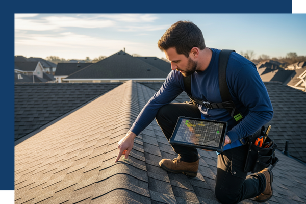 A professional roofer performing a detailed roof inspection with a tablet.
