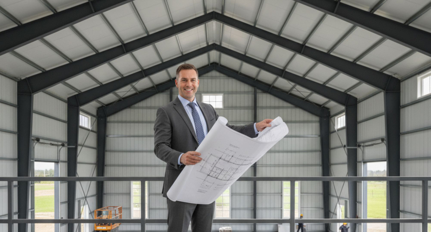 Looking at construction plans in steel building