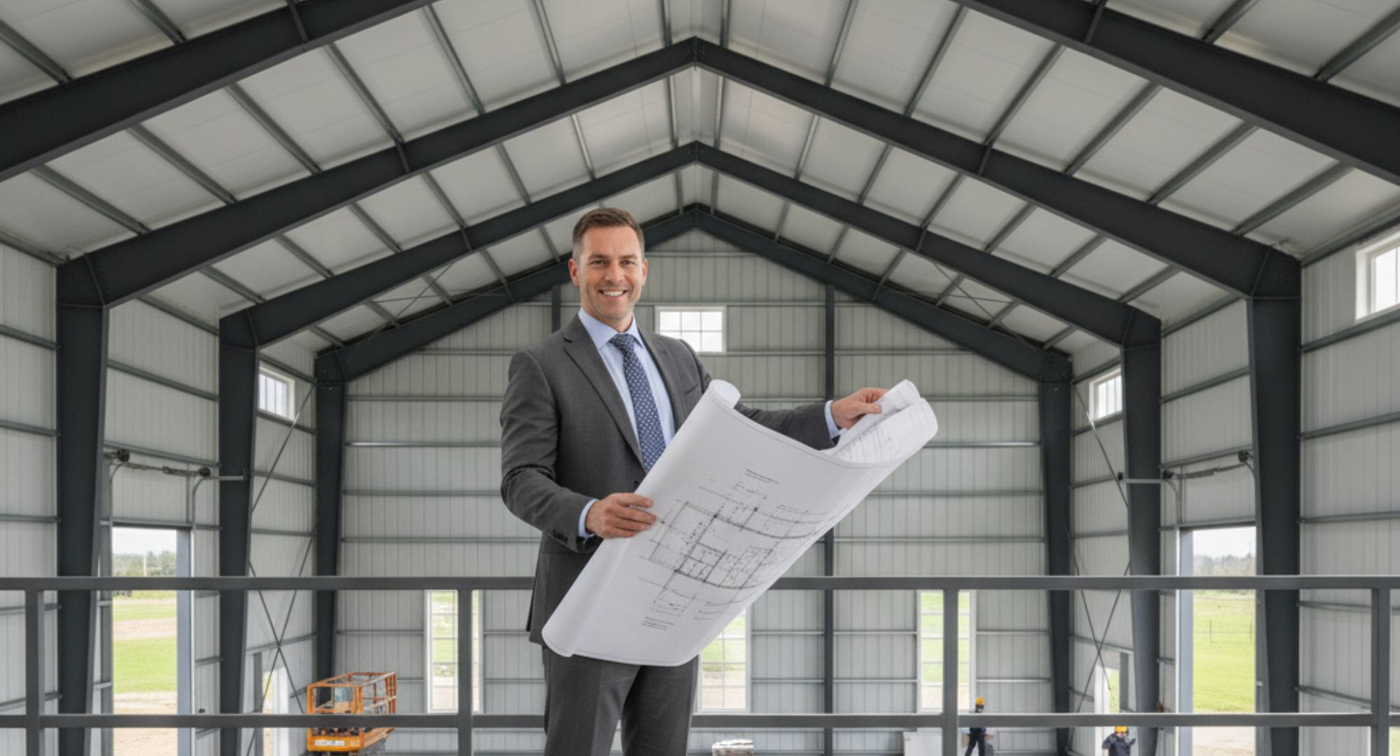 Looking at construction plans in steel building