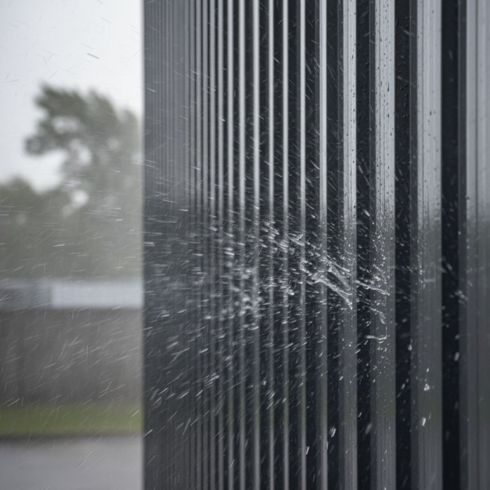 Water splashing off steel shed