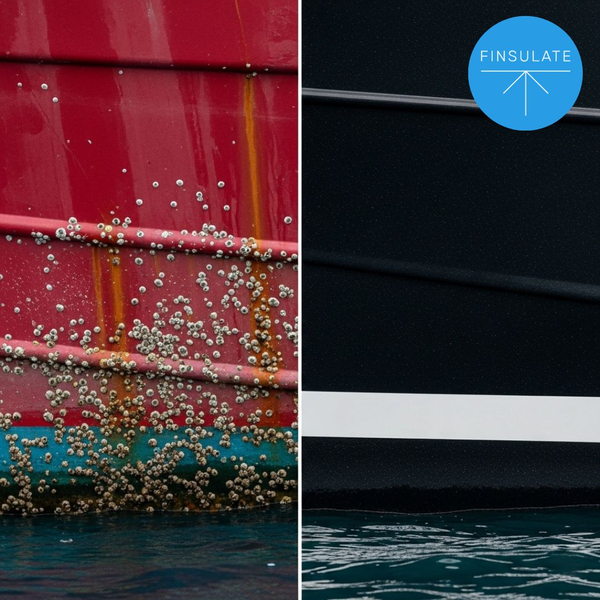 a split image showing a barnacle-covered painted hull on the left and a clean Finsulate®-protected hull on the right, demonstrating long-term durability