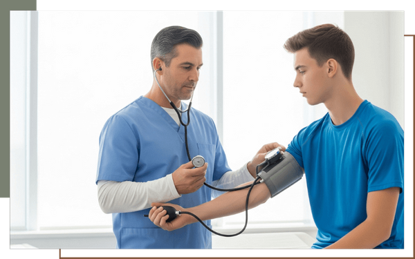 A healthcare professional checking a student athlete's vitals as part of a thorough sports physical exam.