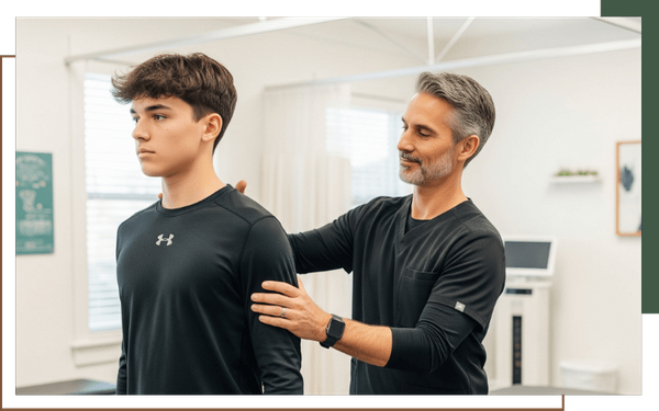 A chiropractor specializing in sports medicine conducts a musculoskeletal assessment to check an athlete's posture and flexibility.