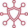 Red line-art icon depicting a shield connected to a network of nodes, representing security.