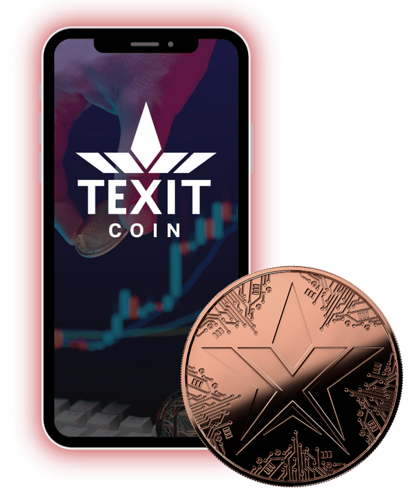 A mobile phone with the TEXITcoin logo standing next to a copper token against a trading chart background.