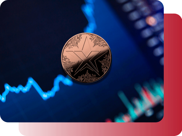 A TEXITcoin floating above a blue digital trading interface representing worldwide markets.