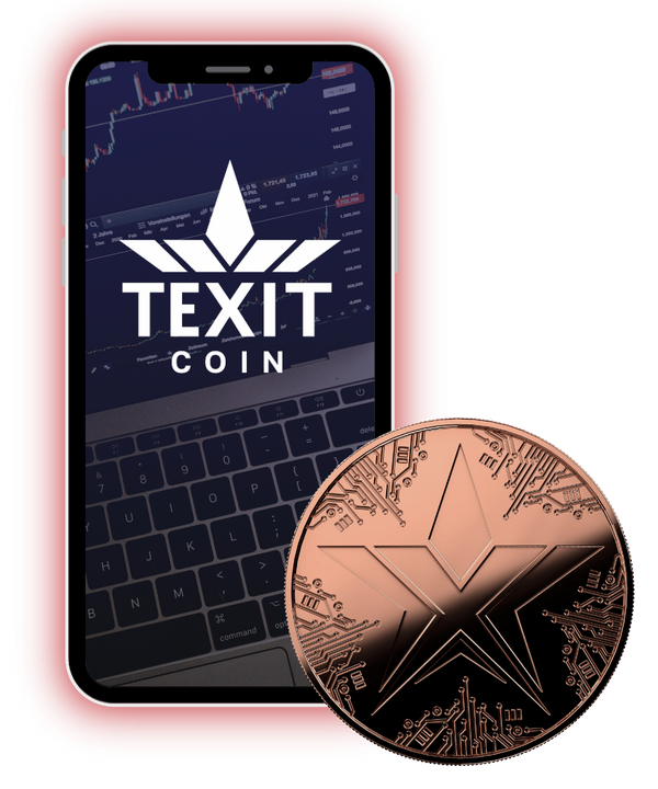 A mobile phone displaying the TEXITcoin digital logo standing next to a physical token.