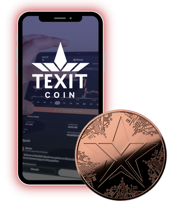 Smartphone displaying the TEXITcoin app logo standing next to a copper coin.
