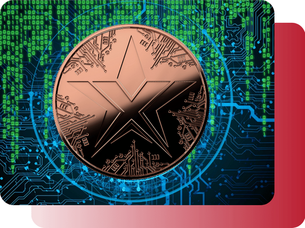 TEXITcoin star emblem overlaid on a blue digital circuit board background, symbolizing secure global blockchain technology and border-free mining.