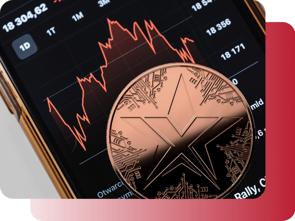 A copper TEXITcoin overlaid on a smartphone screen showing a red financial stock line chart.