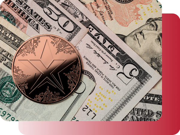 A TEXITcoin physical asset resting on a pile of US dollar bills, representing the bridge between traditional currency and alternative cryptocurrency wealth.