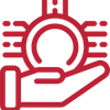 Red line-art icon showing a hand supporting a glowing network or sun symbol.