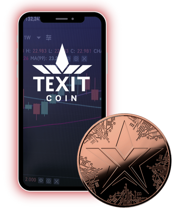 A mobile phone showing the TEXITcoin branding next to a physical copper coin.