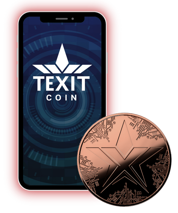 A smartphone displaying the TEXITcoin logo standing next to a physical copper cryptocurrency token.