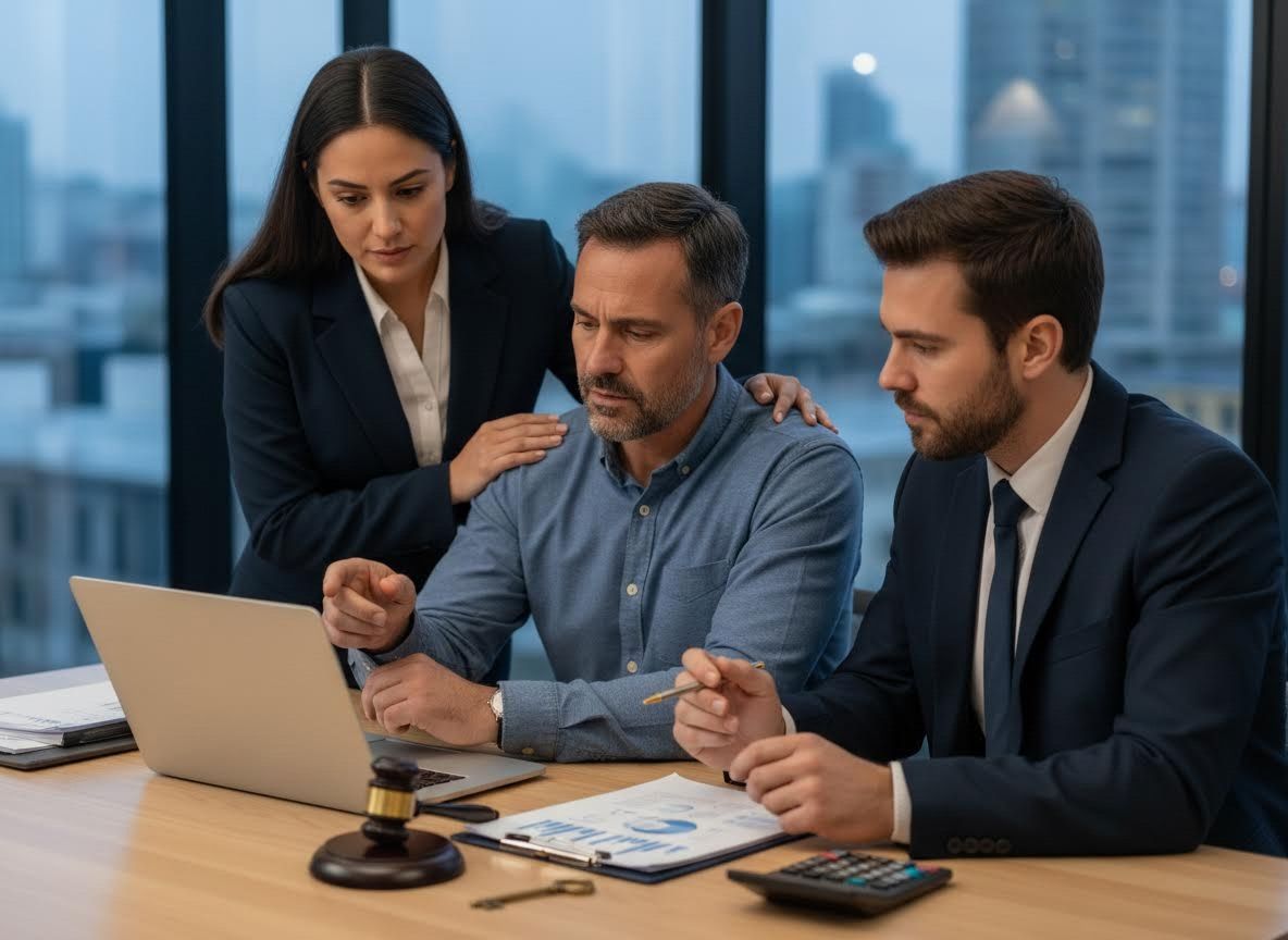 Three business or legal professionals reviewing data on a laptop