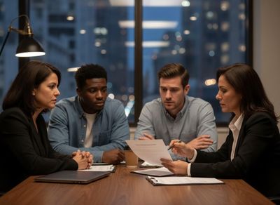 Four professionals, two men and two women, discuss a legal document at an office table. One woman points to content with a pen. Diverse team reviewing a legal document in an office