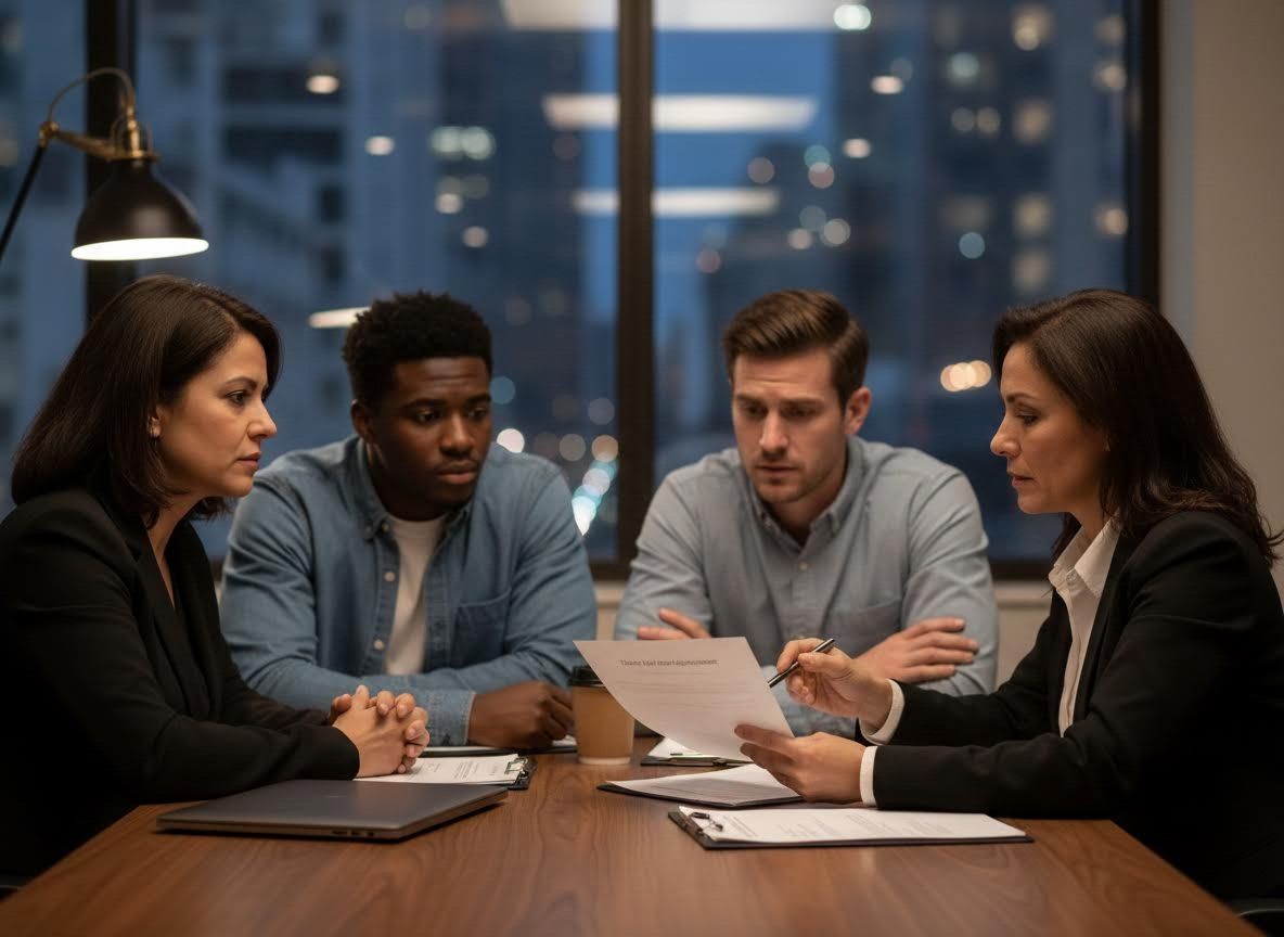 Diverse team reviewing a legal document in an office