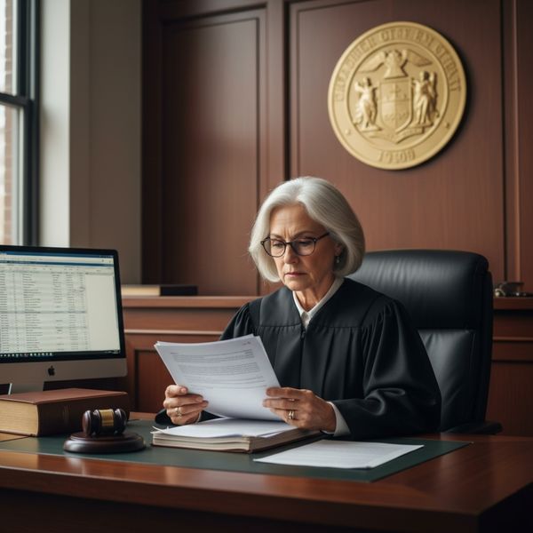 Judge reviewing legal documents in a courtroom setting