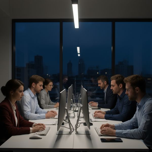 A diverse team of professionals working late in an office A diverse team of professionals working late in an office
