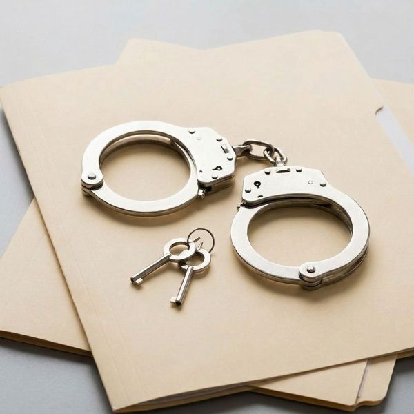 A pair of metal handcuffs on a legal file.
