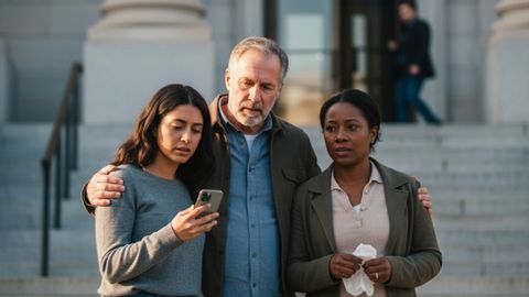 An anxious family stands together outside a courthouse