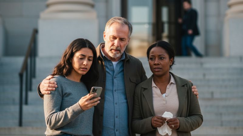 An anxious family stands together outside a courthouse An anxious family stands together outside a courthouse