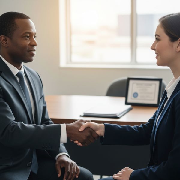Two professionals in business attire shake hands across a desk in a bright office. Two professionals in business attire shake hands across a desk in a bright office.