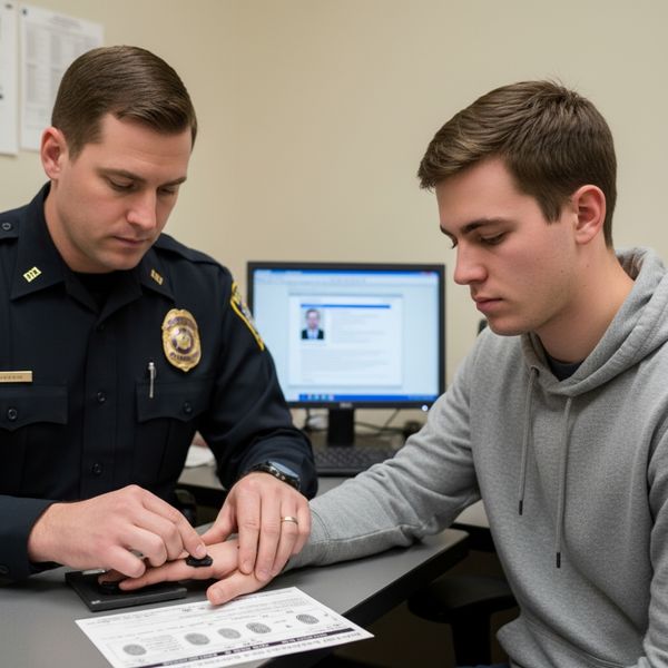 A police officer carefully takes fingerprints from a person during the booking process