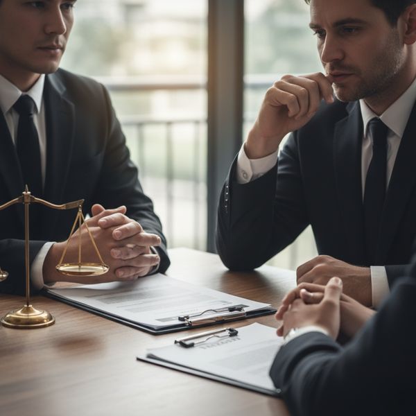 Two individuals in suits engage in a serious discussion at a desk with legal papers. Two individuals in suits engage in a serious discussion at a desk with legal papers.