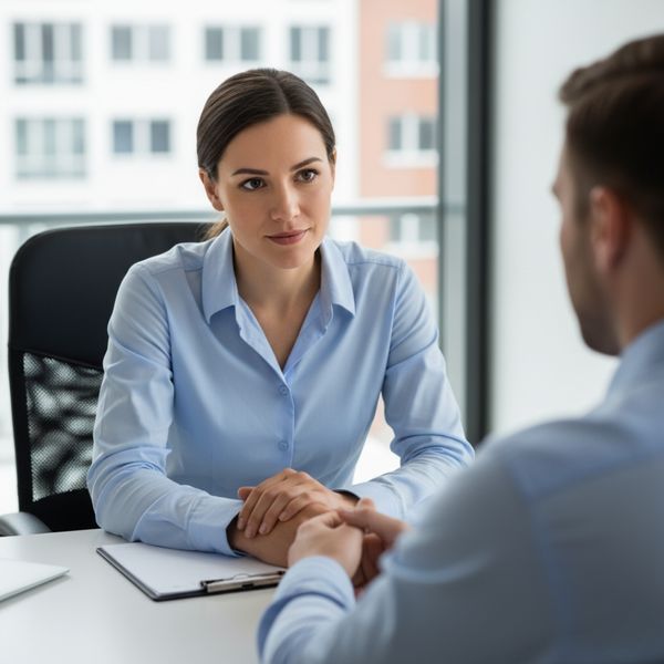 A kind professional listens attentively to a client in a bright office. A kind professional listens attentively to a client in a bright office.