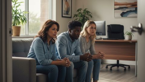A diverse family group sits expectantly in a clean, sunlit office waiting area.