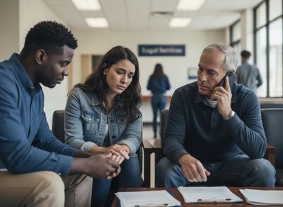 A Black man comforts a sad Latina woman, holding her hand, while an older white man talks worriedly on a phone in an office waiting room. People seeking support in a professional office
