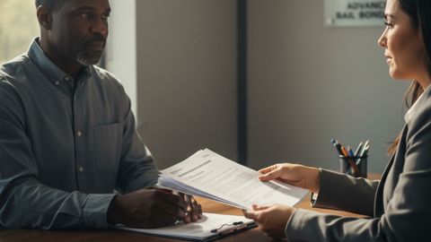 A man looks seriously at paperwork being handed to him by a woman in an office setting