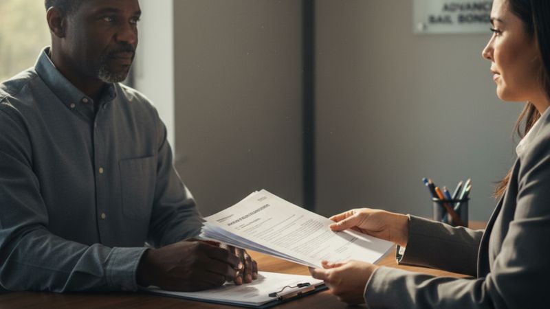 A man looks seriously at paperwork being handed to him by a woman in an office setting A man looks seriously at paperwork being handed to him by a woman in an office setting