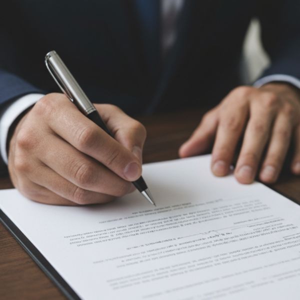 Hand holding a pen, signing official documents on a desk