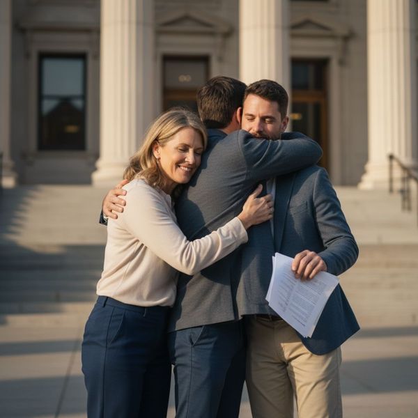 Supportive embrace between family members outside a courthouse