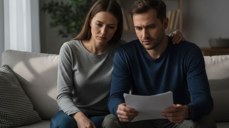 couple sitting looking at court documents