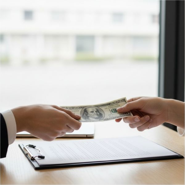Two sets of hands are exchanging a hundred-dollar bill over a clipboard with paperwork. Two sets of hands are exchanging a hundred-dollar bill over a clipboard with paperwork.