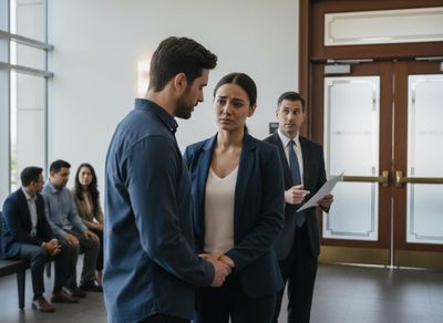A man comforts a crying woman in a courthouse lobby. A lawyer watches from the background, holding papers, as others wait nearby. Emotional Moment in Court Waiting Area