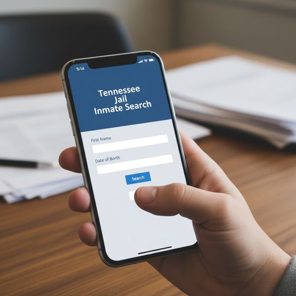 A hand holds a smartphone displaying a "Tennessee Jail Inmate Search" screen. A hand holds a smartphone displaying a "Tennessee Jail Inmate Search" screen.