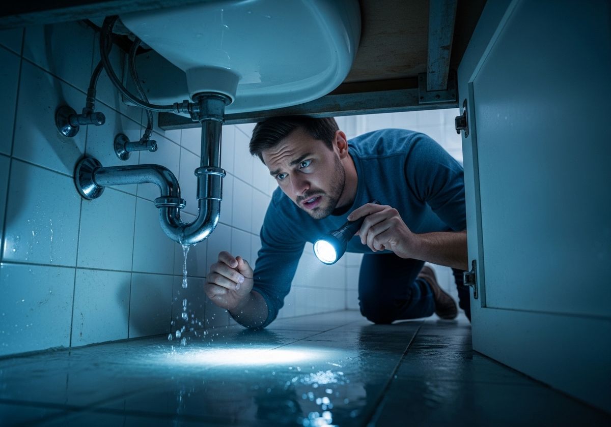 Man Inspecting Leaky Pipe with Flashlight