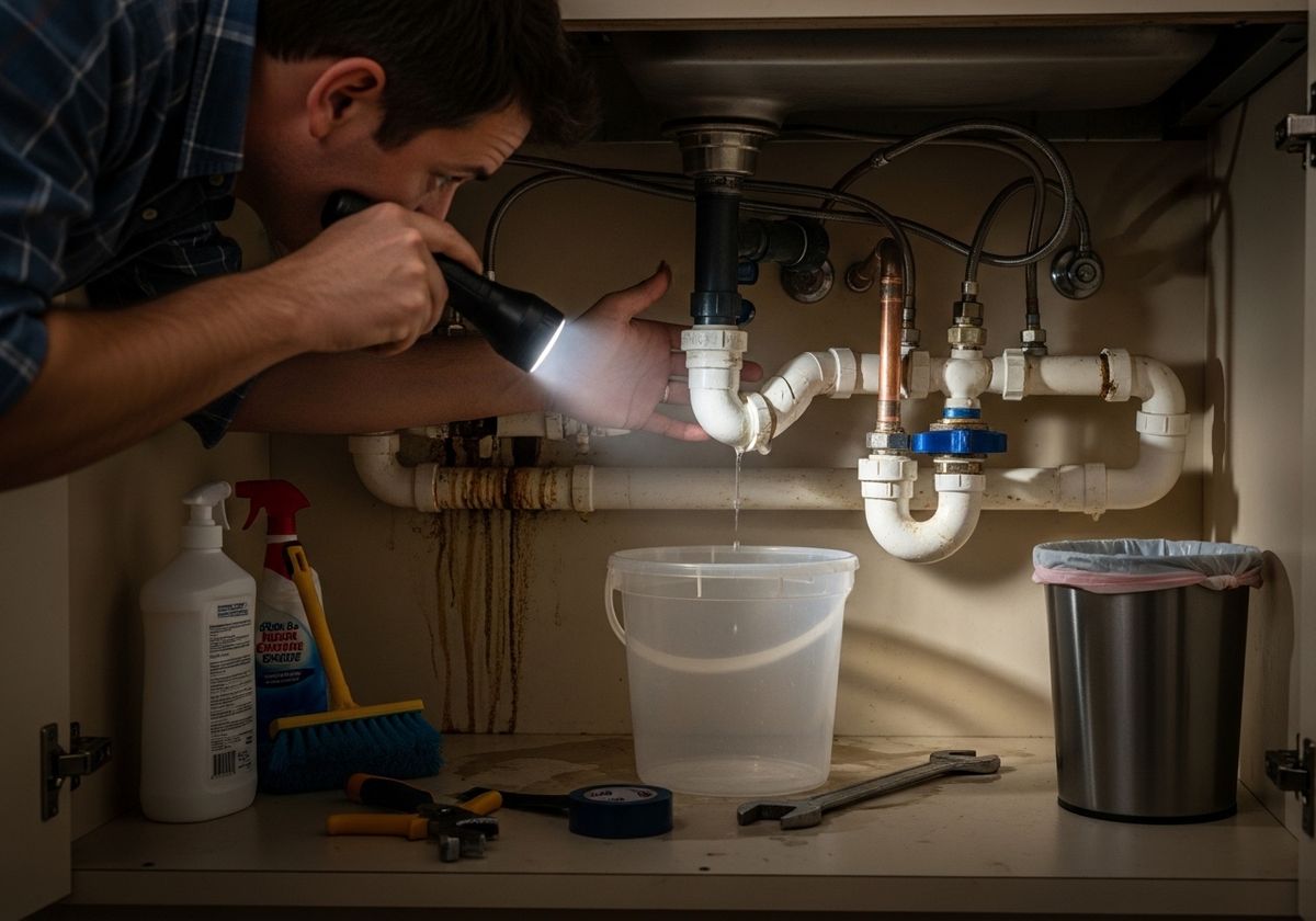 Plumber Inspecting Leaky Pipe Under Sink